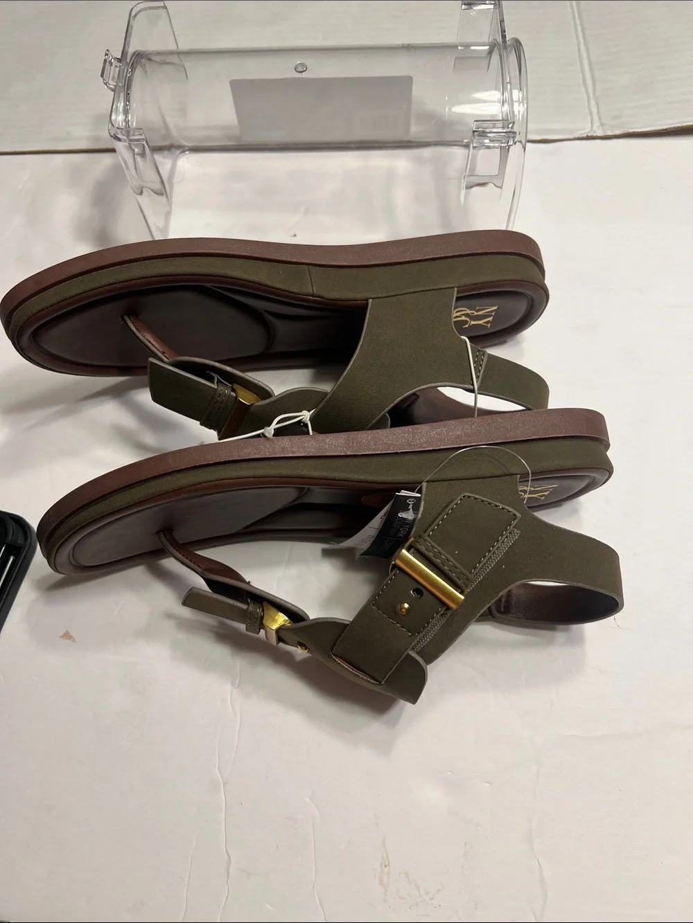 New York & Company Olive Green and Brown Thong Sandals with Gold Accents